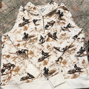 Wrangler White Half-Zip Sweatshirt with Brown Horse Print